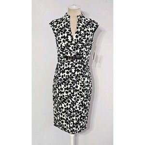 Adrianna Papell Black & White Leaf Print Split Neck Belted Sheath Dress Size 4